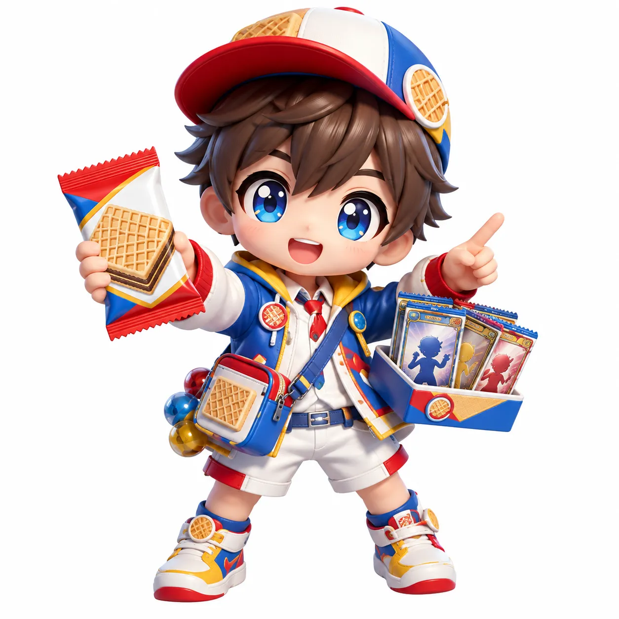 食玩・ウエハース速報のマスコットキャラクター。ウエハースの個包装とカードの入ったトレーを持ったイラスト