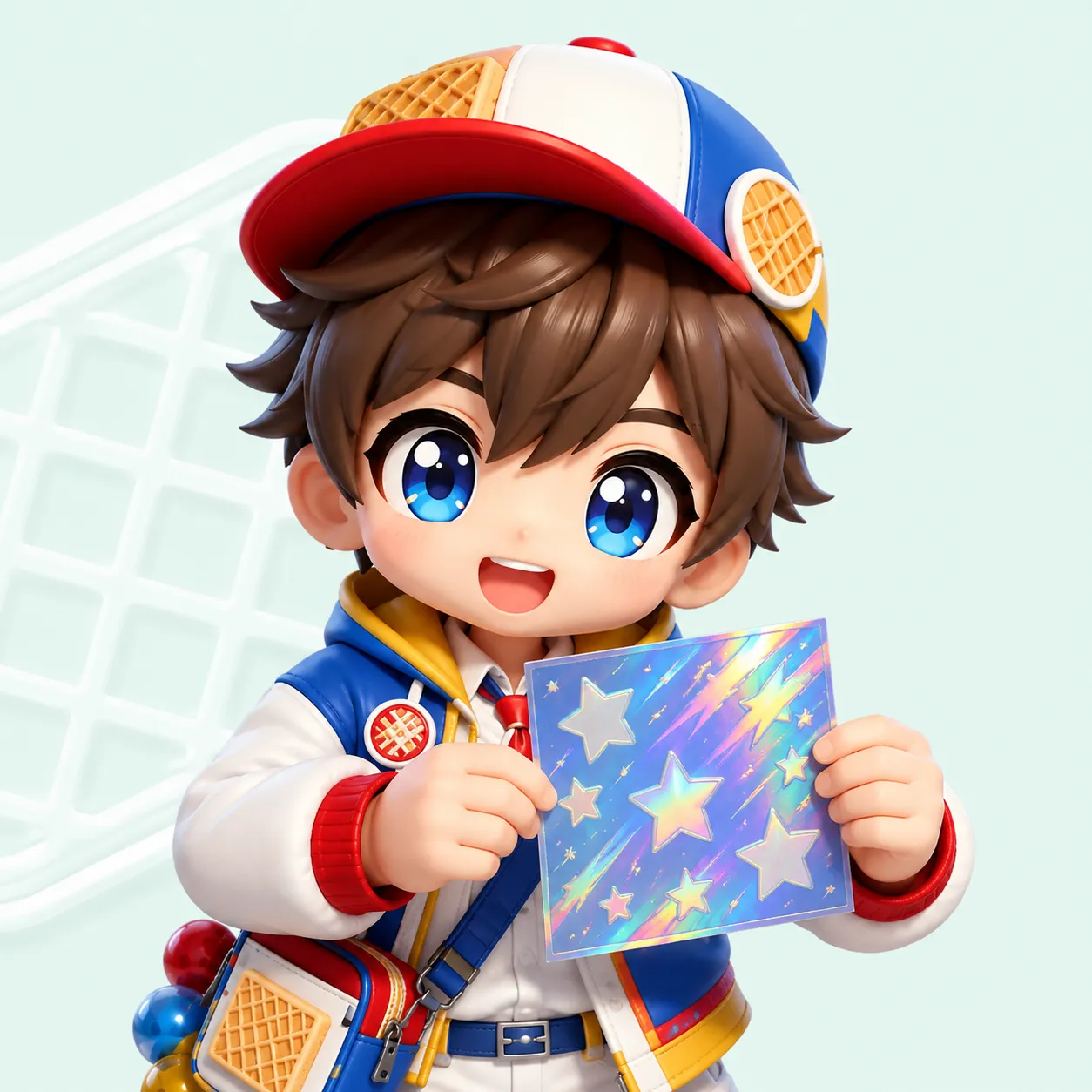 ホログラム調のシールを両手で掲げるマスコットキャラクターのイラスト