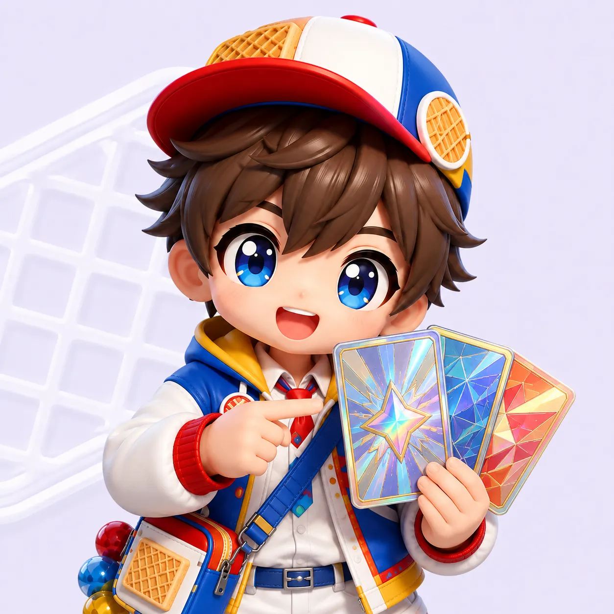 メタリックなカードを扇状に3枚広げて持つマスコットキャラクターのイラスト