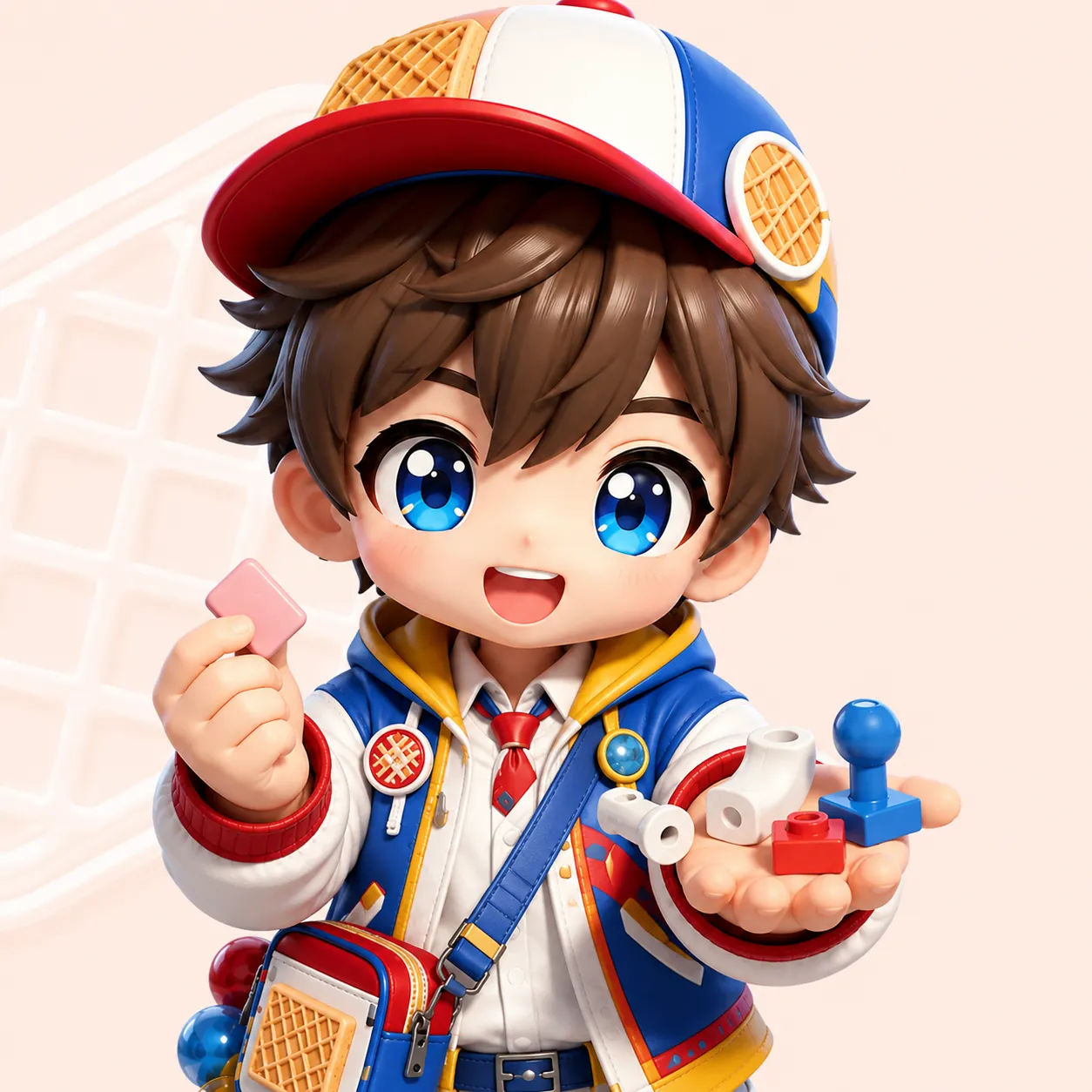 組み立て式の玩具パーツとガムを手にしたマスコットキャラクターのイラスト