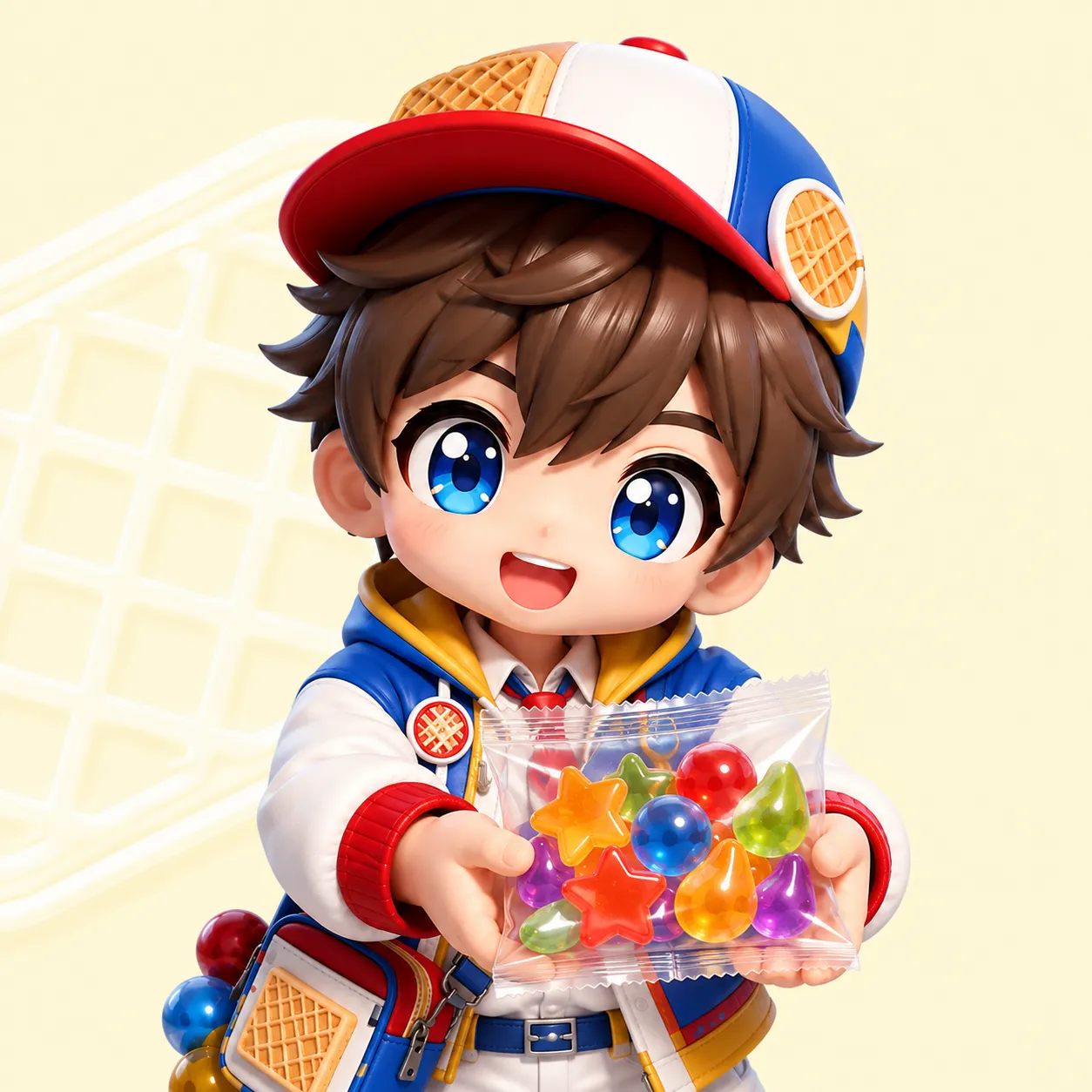透明な袋に入ったカラフルなグミを両手で差し出すマスコットキャラクターのイラスト