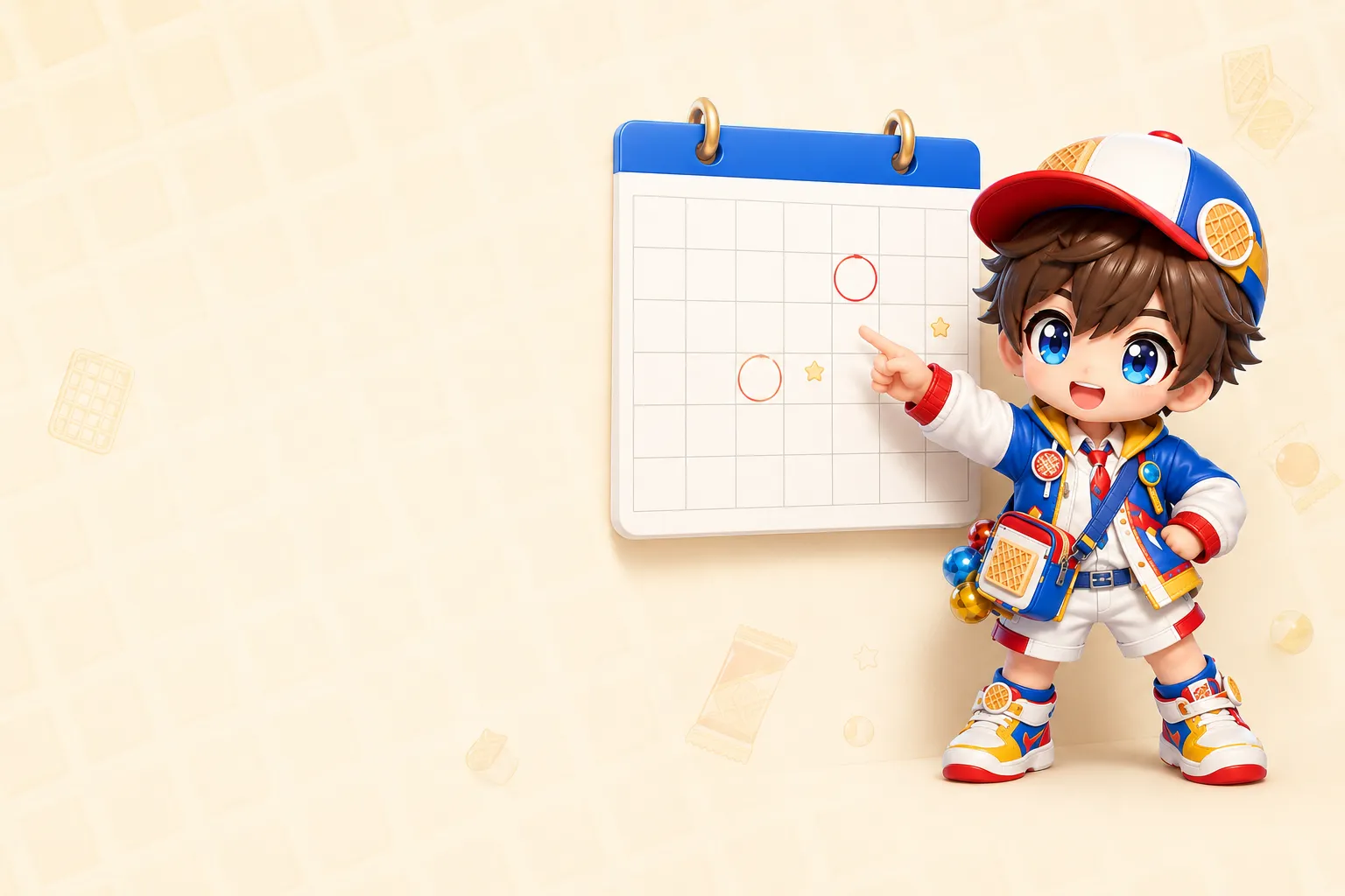 壁掛けカレンダーを指差して発売日を案内するマスコットキャラクターのイラスト