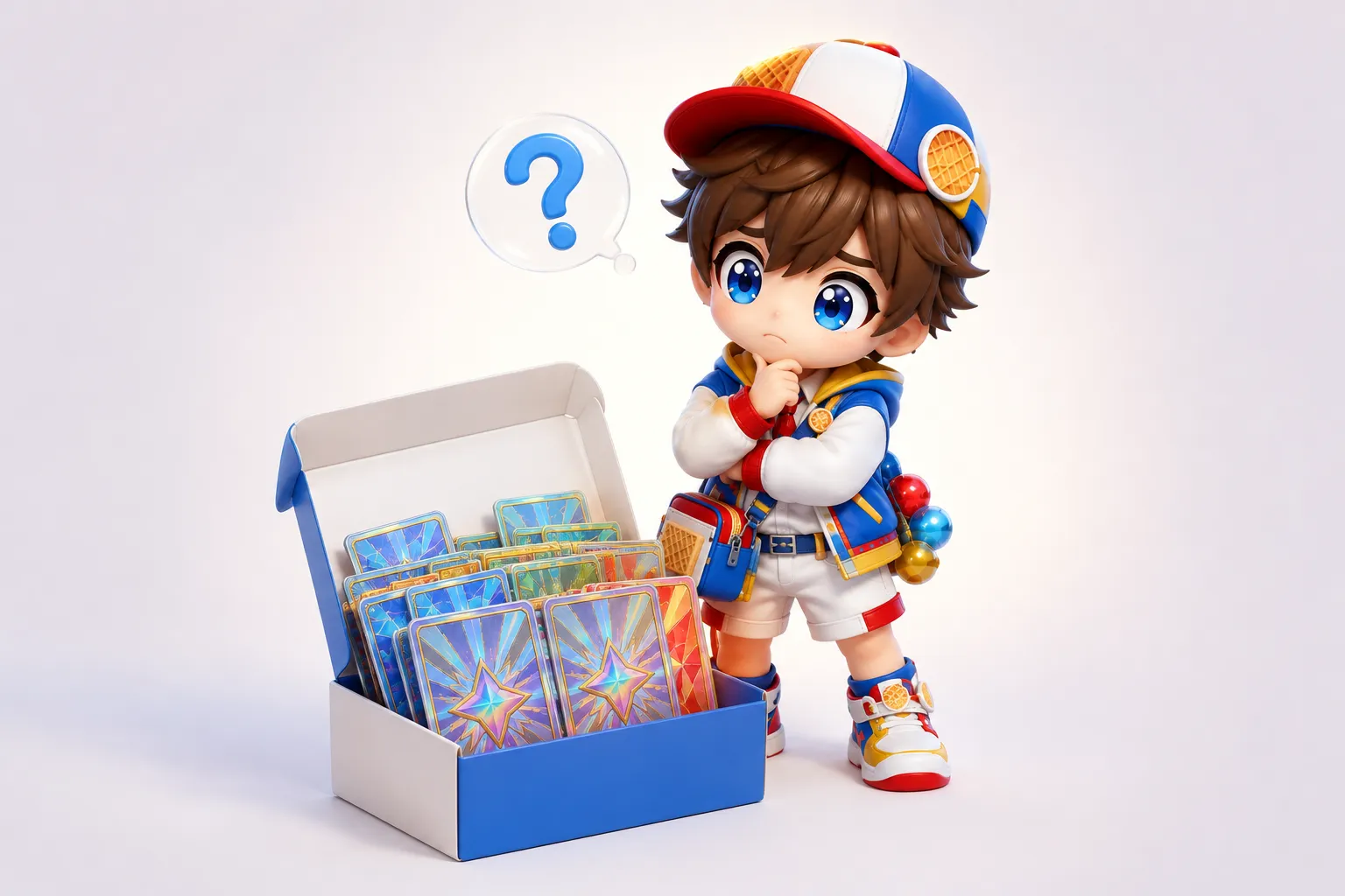 カードが並んだ箱の前で腕を組み、そろうかどうか考え込むマスコットキャラクターのイラスト