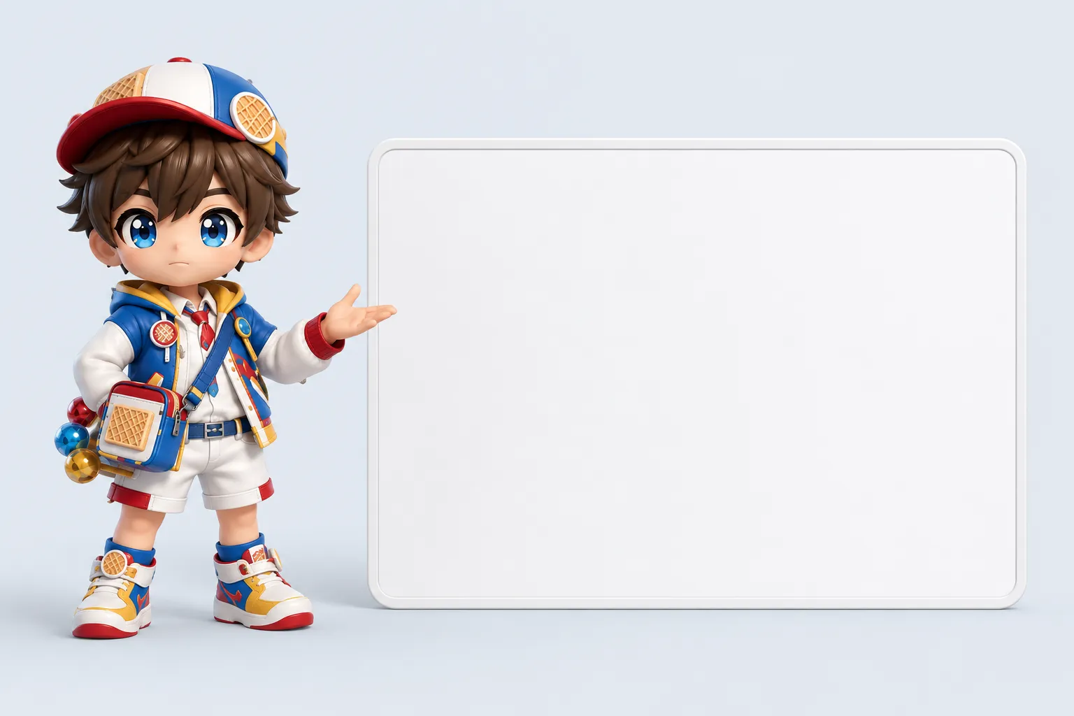 掲示ボードの横で落ち着いた表情で確認を促すマスコットキャラクターのイラスト