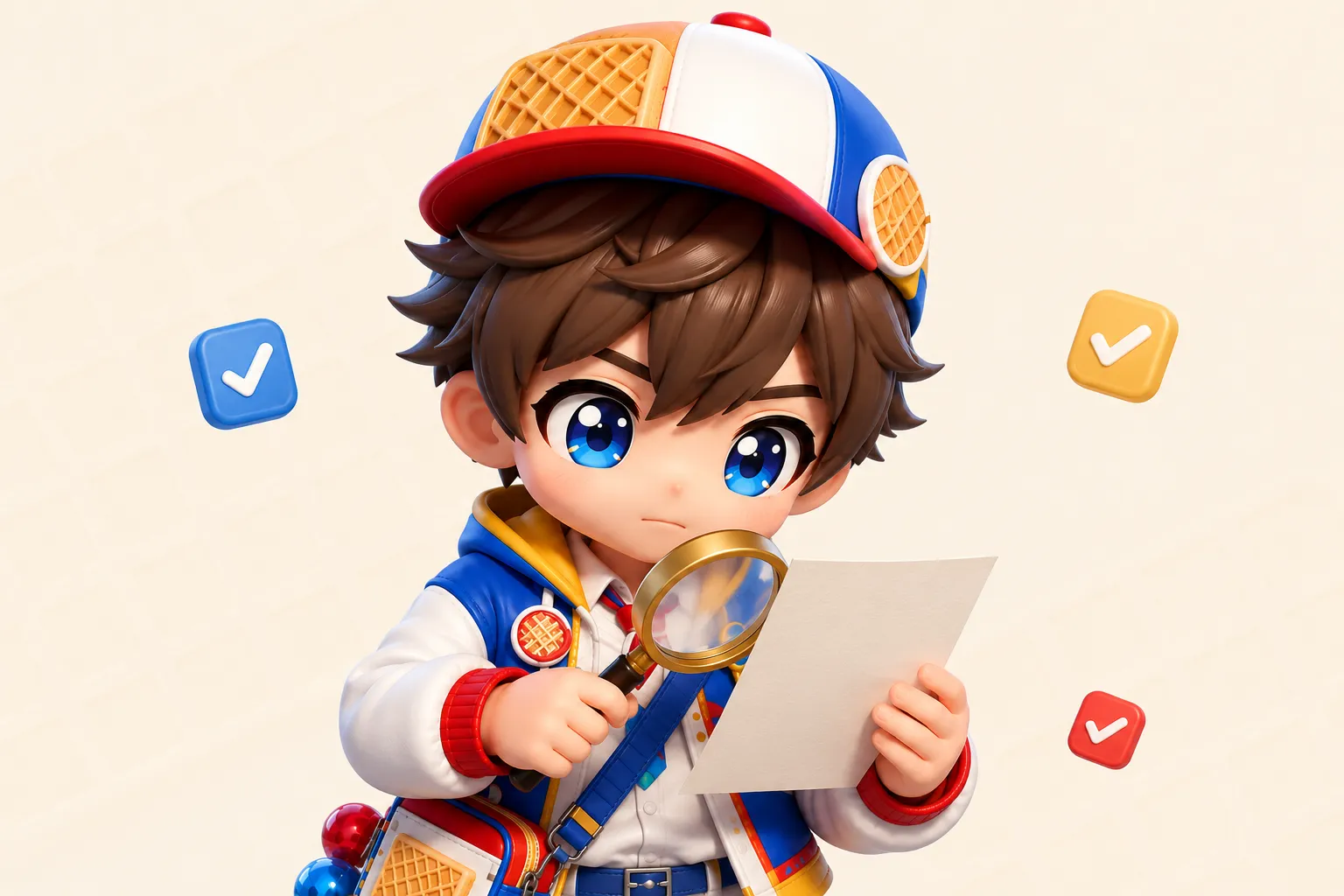 虫めがねで書類を確認するマスコットキャラクターのイラスト