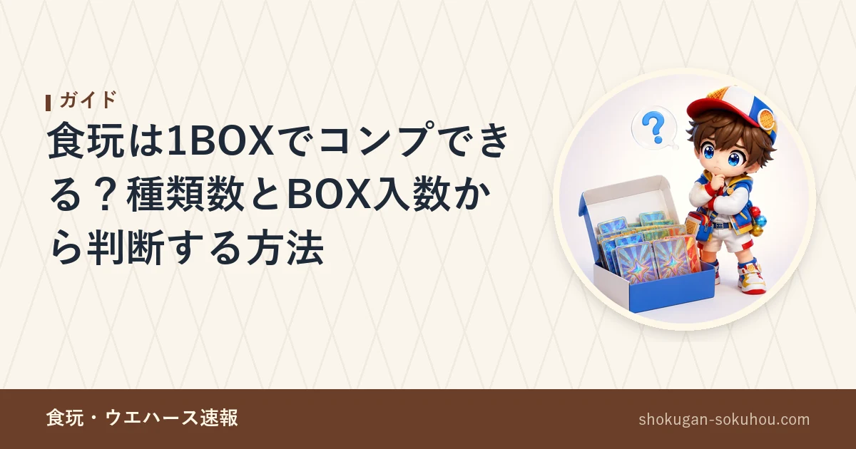 食玩は1BOXでコンプできる？種類数とBOX入数から判断する方法のアイキャッチ画像。記事。当サイトのマスコットキャラクターのAI生成イラスト